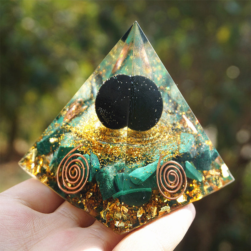 Olivenorma Malachite With Obsidian Sphere Orgone Pyrammid - image 1
