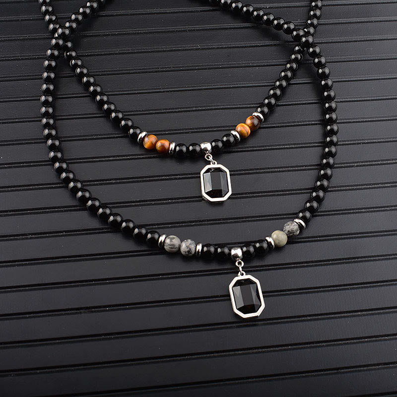 Olivenorma Tiger Eye Obsidian Beaded Men Titanium Steel Necklace - image 10