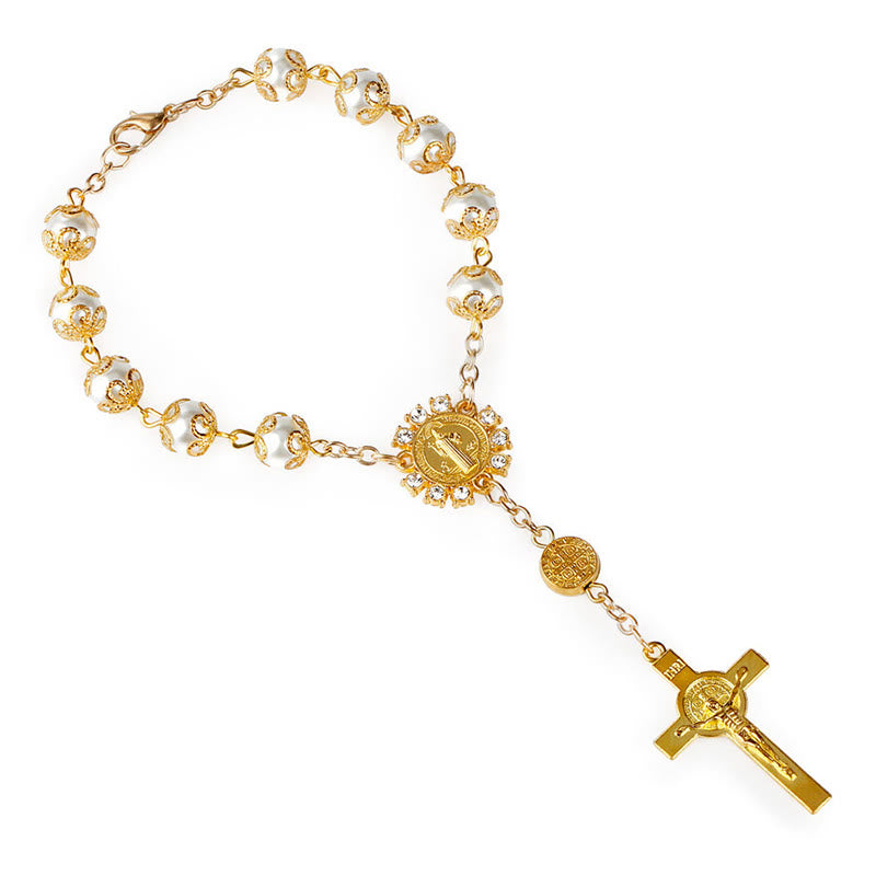 Olivenorma Christianity Lace Glass Rose Cross Roseary Bracelet - Gold - image 0