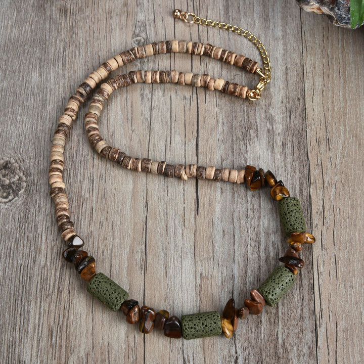 Olivenorma Natural Stone Beaded Ball Pendant Necklace - Tiger Eye&Green Lava Stone - image 2