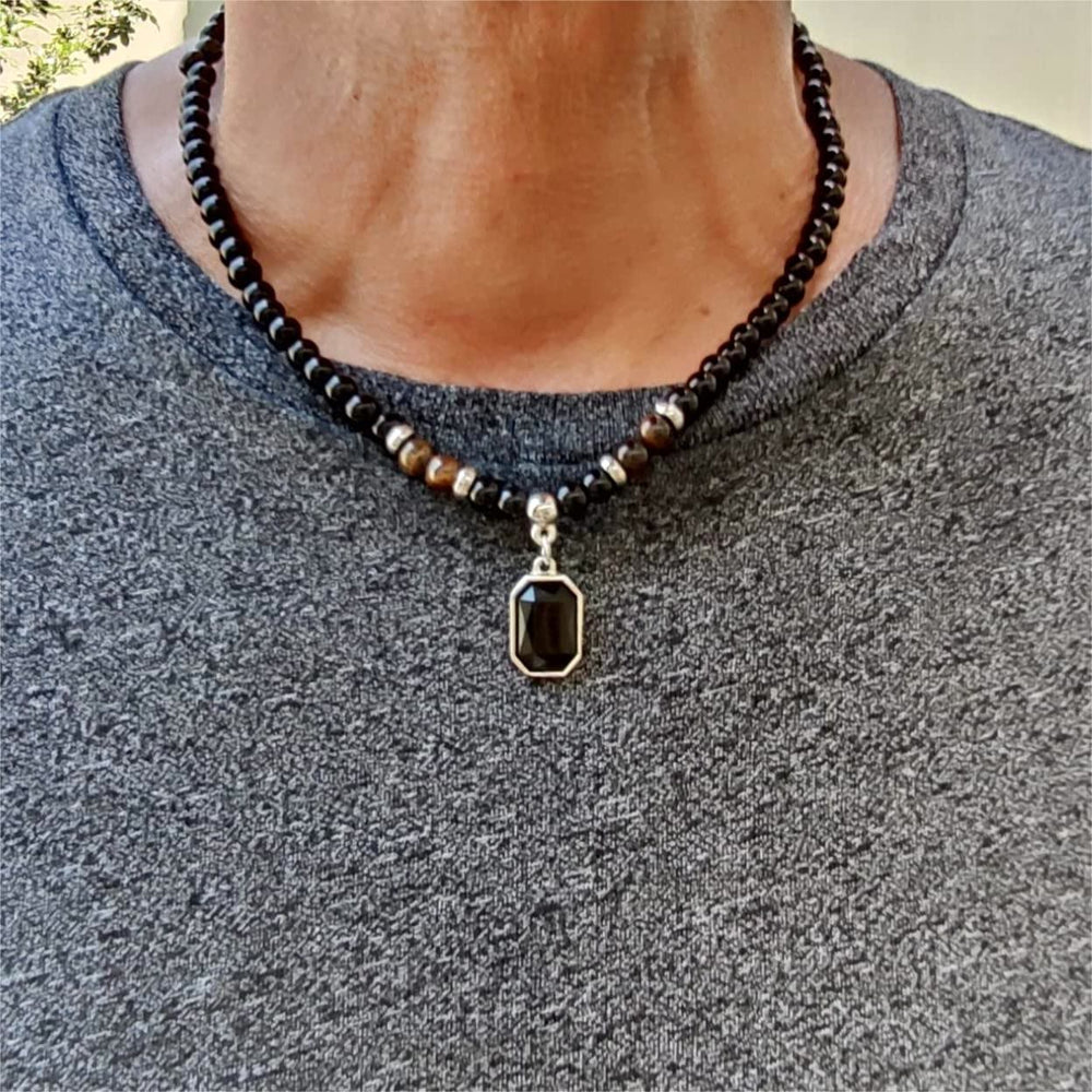 Olivenorma Tiger Eye Obsidian Beaded Men Titanium Steel Necklace - image 1