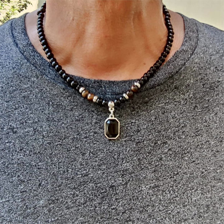 Olivenorma Tiger Eye Obsidian Beaded Men Titanium Steel Necklace - image 1