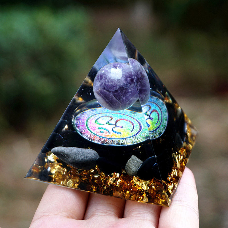 Olivenorma Natural Amethyst With Obsidian OM Symbol Orgone Pyramid - image 2