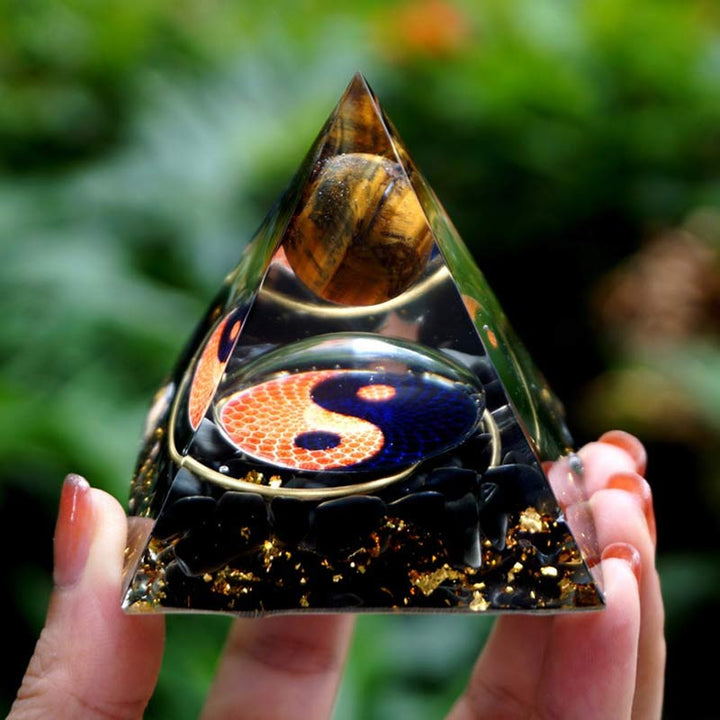 Olivenorma Tiger Eye Sphere With Obsidian Reki Orgone Pyramid - image 0