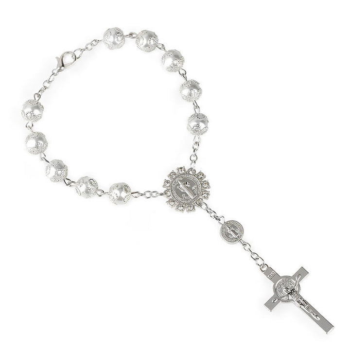 Olivenorma Christianity Lace Glass Rose Cross Roseary Bracelet - Silver - image 2