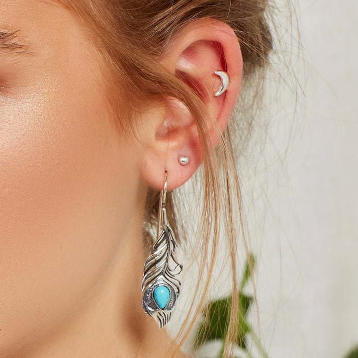 Olivenorma Vintage Turquoise Peacock Feather Cutout Bohemia Earrings - Turquoise - image 0