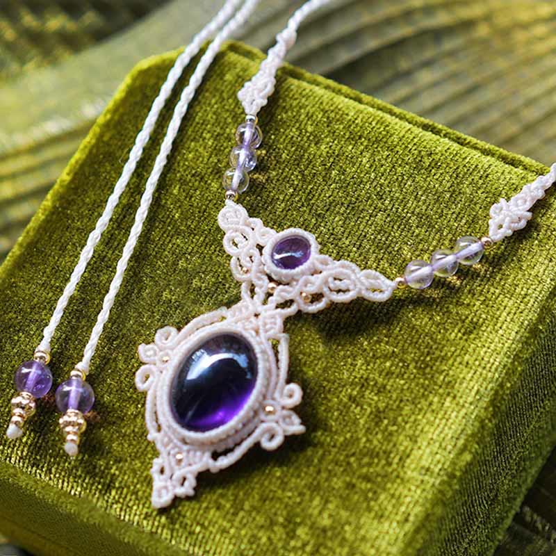 Olivenorma Amethyst Charoite Handwoven Guardian Bracelet Necklace - Amethyst&Beige bBraided Rope Necklace - image 2