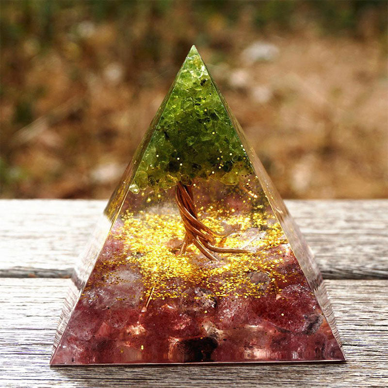 Olivenorma Tree of Life Peridot and Strawberry Quartz Orgone Pyramid - image 3
