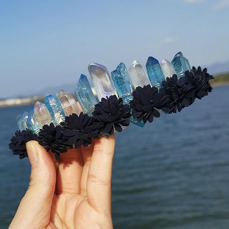 Olivenorma Natural Crystal Rainbow Crown Flower Tiara - Clear Quartz&Aquamarine - image 10
