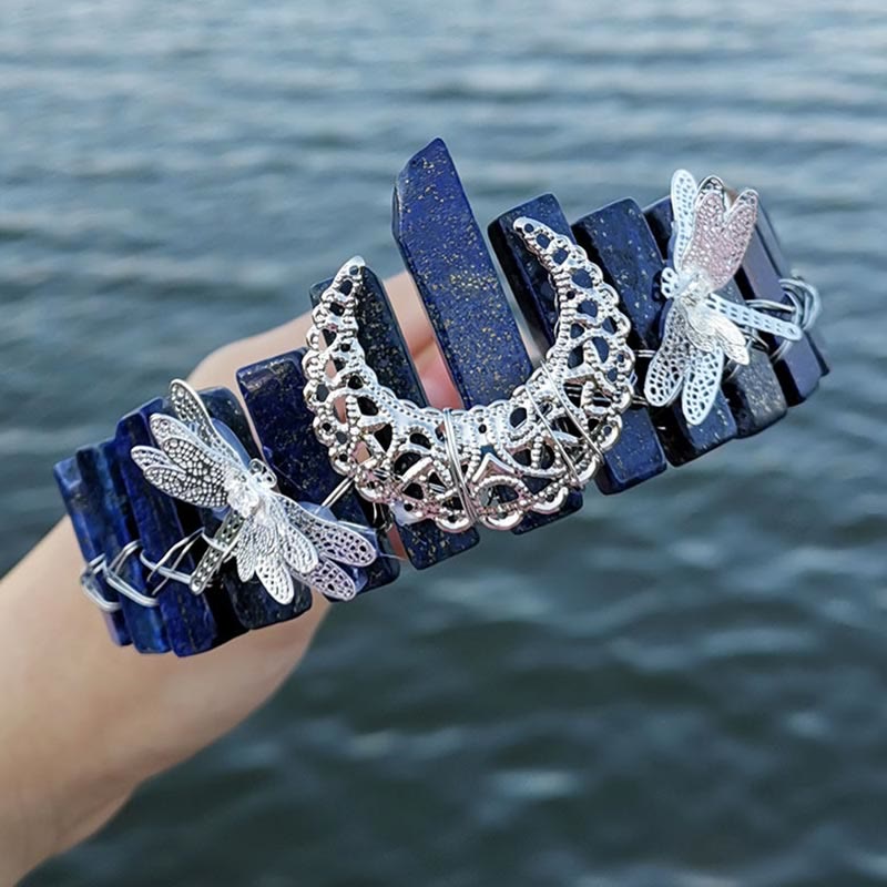 Olivenorma Natural Crystal Dragonfly Moon Accessory Crown Bridal Headband - Lapis Lazuli with dragonfly - image 7