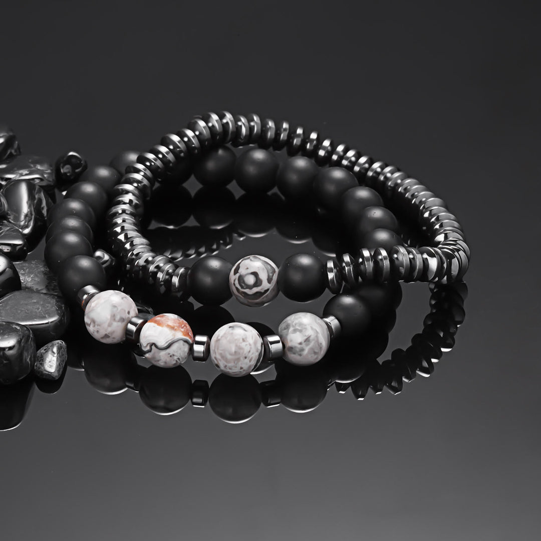 Olivenorma Gray Jasper Black Onyx Men Beaded Bracelet Set - image 2