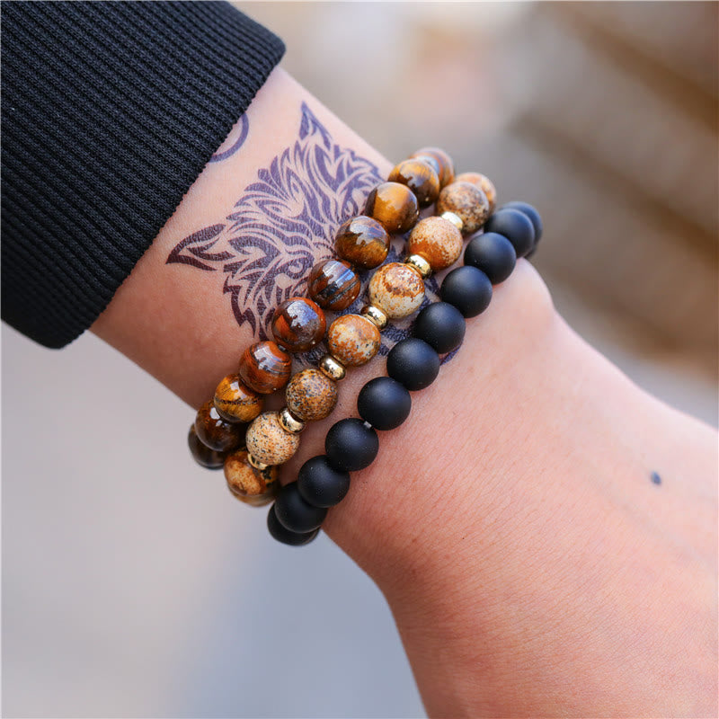Olivenorma 3Pcs Picture Jasper Tiger Eye Black Onyx Beaded Bracelets - image 5