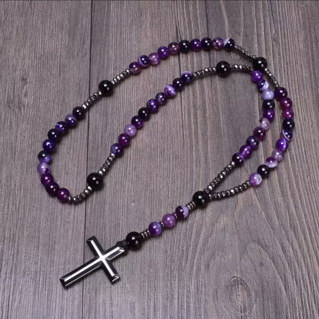 Olivenorma Cross Catholic Natural Stone Rosary Pendant Necklace - Amethyst - image 11