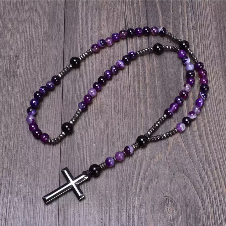 Olivenorma Cross Catholic Natural Stone Rosary Pendant Necklace - Amethyst - image 11