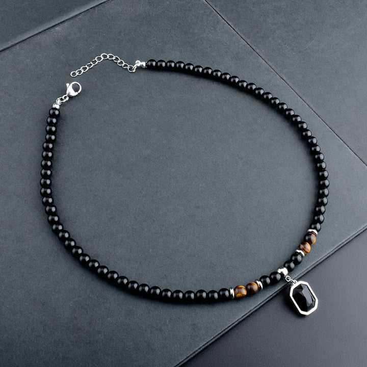 Olivenorma Tiger Eye Obsidian Beaded Men Titanium Steel Necklace - Tiger Eye&Obsidian - image 0