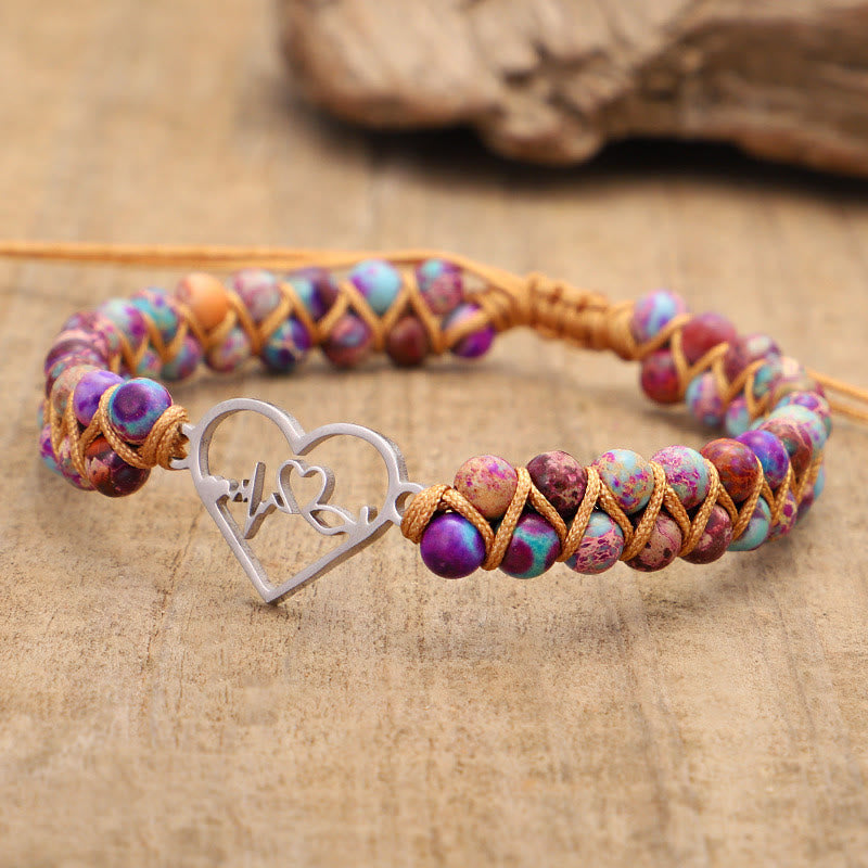 Bohemian Handwoven Bracelet Hollow Heart Bracelet - Purple Emperor Stone & Yellow Line - image 6