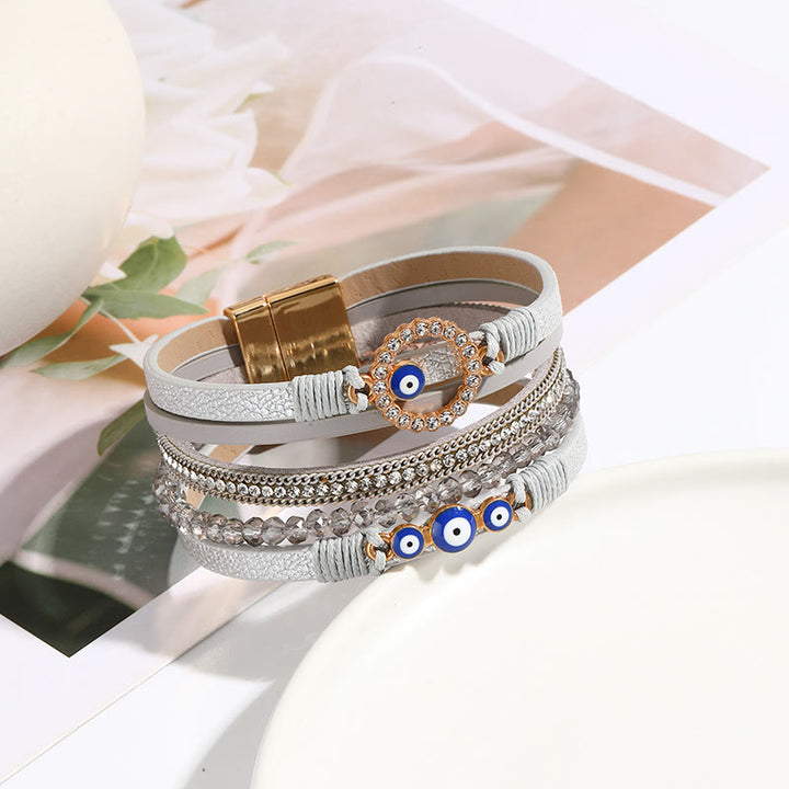 Olivenorma White Zircon Boho Evil Eye Metal Wide Leather Bracelet - Silver&Evil Eye - image 5