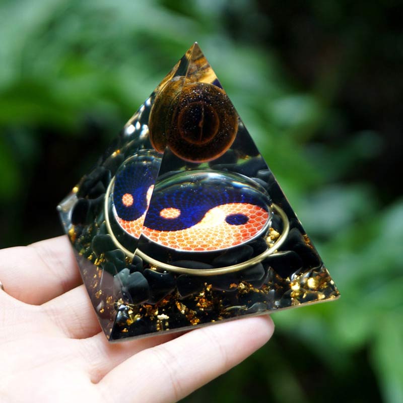 Olivenorma Tiger Eye Sphere With Obsidian Reki Orgone Pyramid - 10*10cm - YES PLEASE $8 - image 1