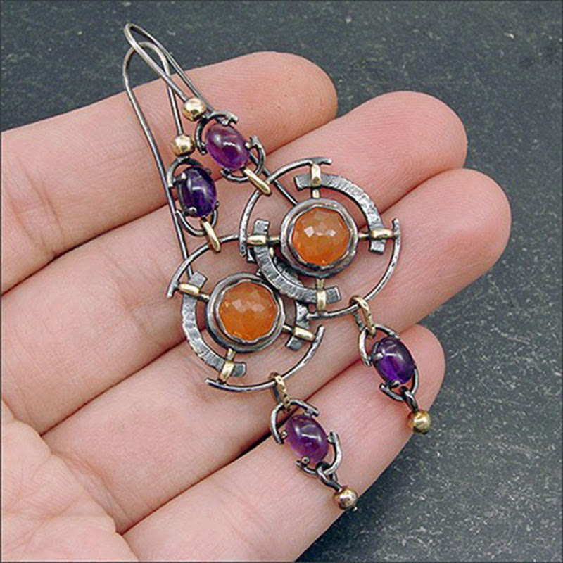 Olivenorma Retro Disc Hollow Inlaid Crystal Witch Earrings - Amethyst&Carnelian - image 0
