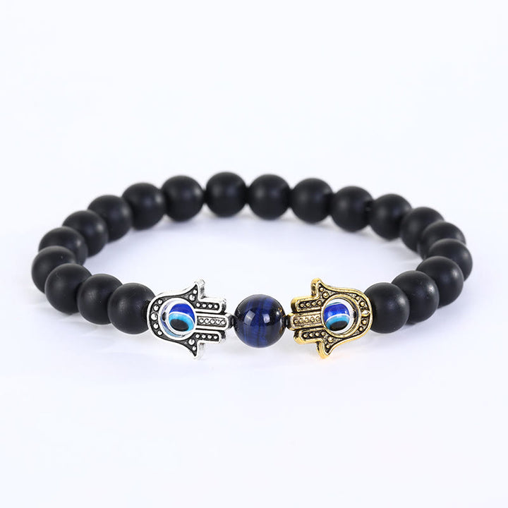 Olivenorma Natural Crystal Stone Beaded Evil Eye Hamsa Bracelet - Black Onyx&Blue Tiger Eye - image 12
