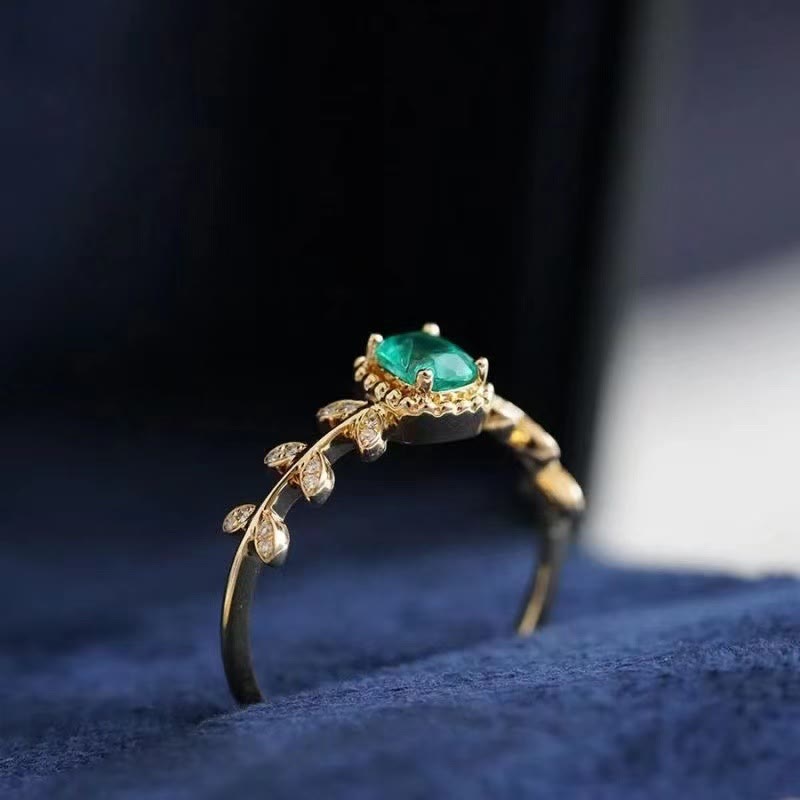 Olivenorma Vintage Emerald Leaf With Zircon Ring  - Emerald & Zircon - image 0
