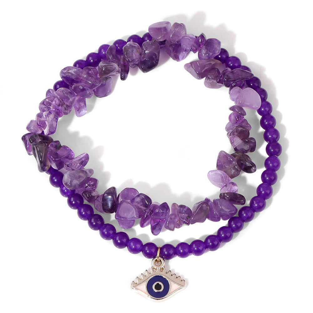 Olivenorma Evil Eye Pendant Double Layer Crystal Bracelet Set - Evil Eye&Amethyst - image 1
