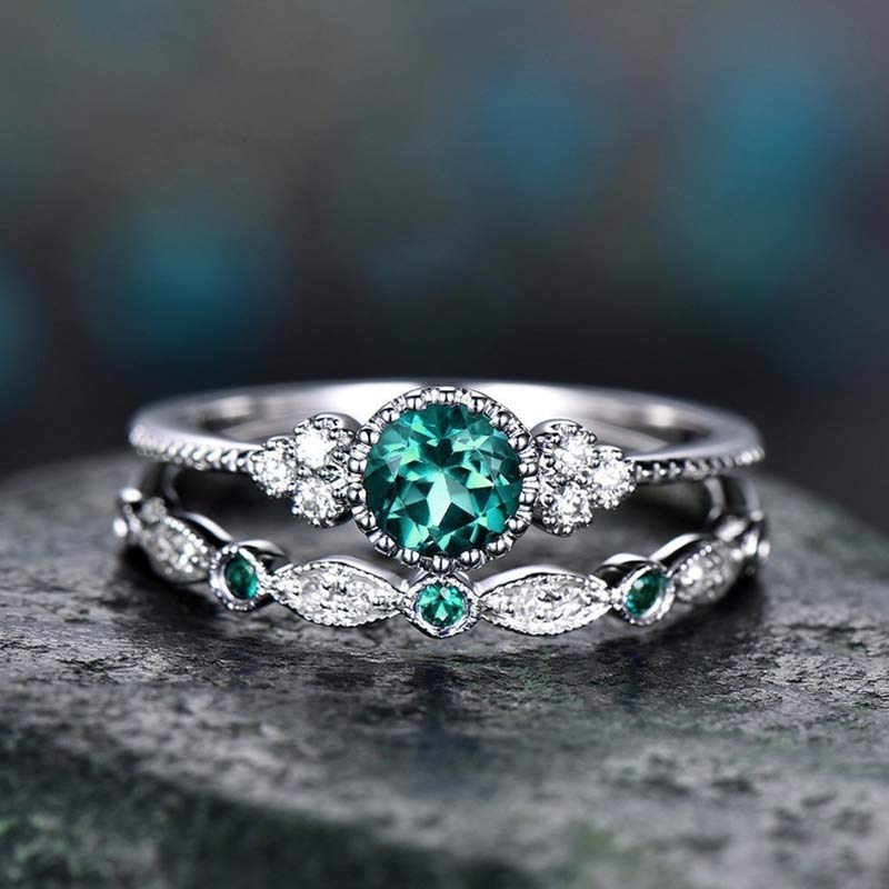 Wealth Goddess Emerald Zircon 2Pcs/Set Ring - Green - 10 - image 1