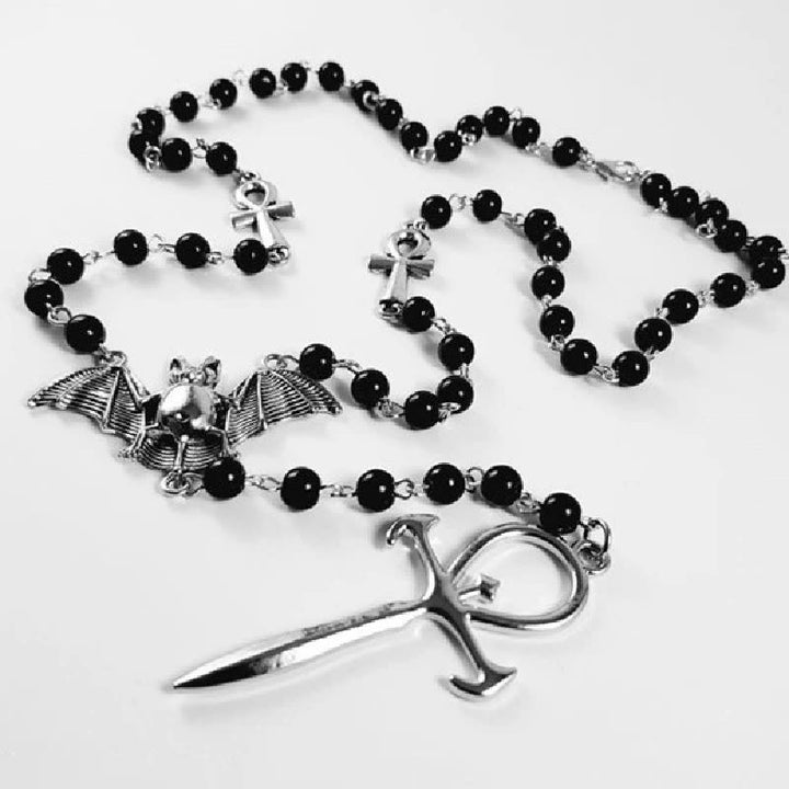 Olivenorma "Mysterious Vampire" Bat Rosary Cross Necklace - Obsidian&Cross - image 0