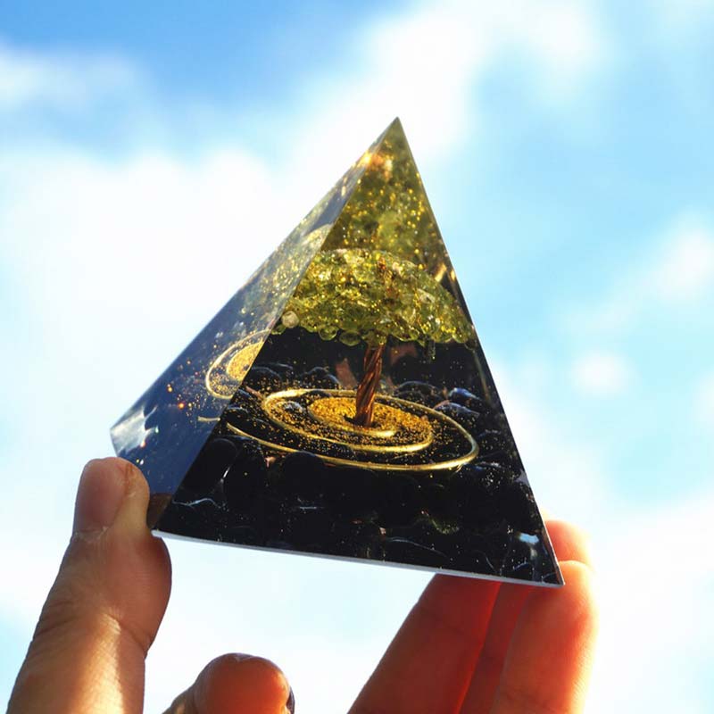 Olivenorma Peridot With Obsidian Tree Of Life Reiki Orgone Pyramid - image 4