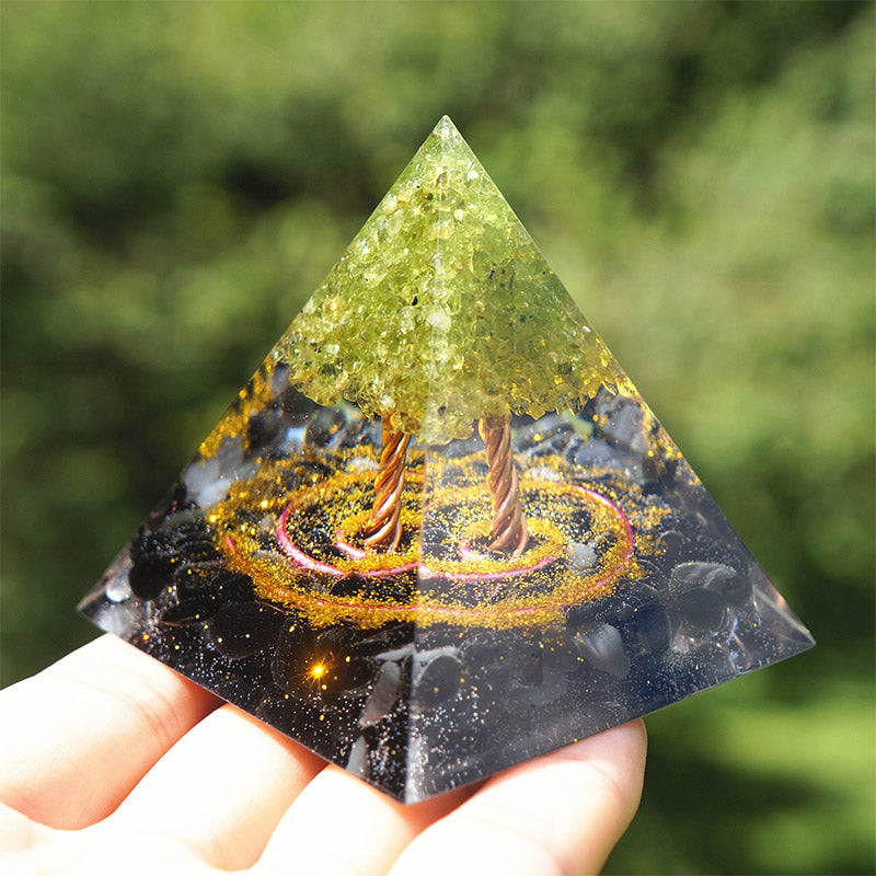 Olivenorma Peridot With Obsidian Tree Of Life Orgone Pyramid - image 1