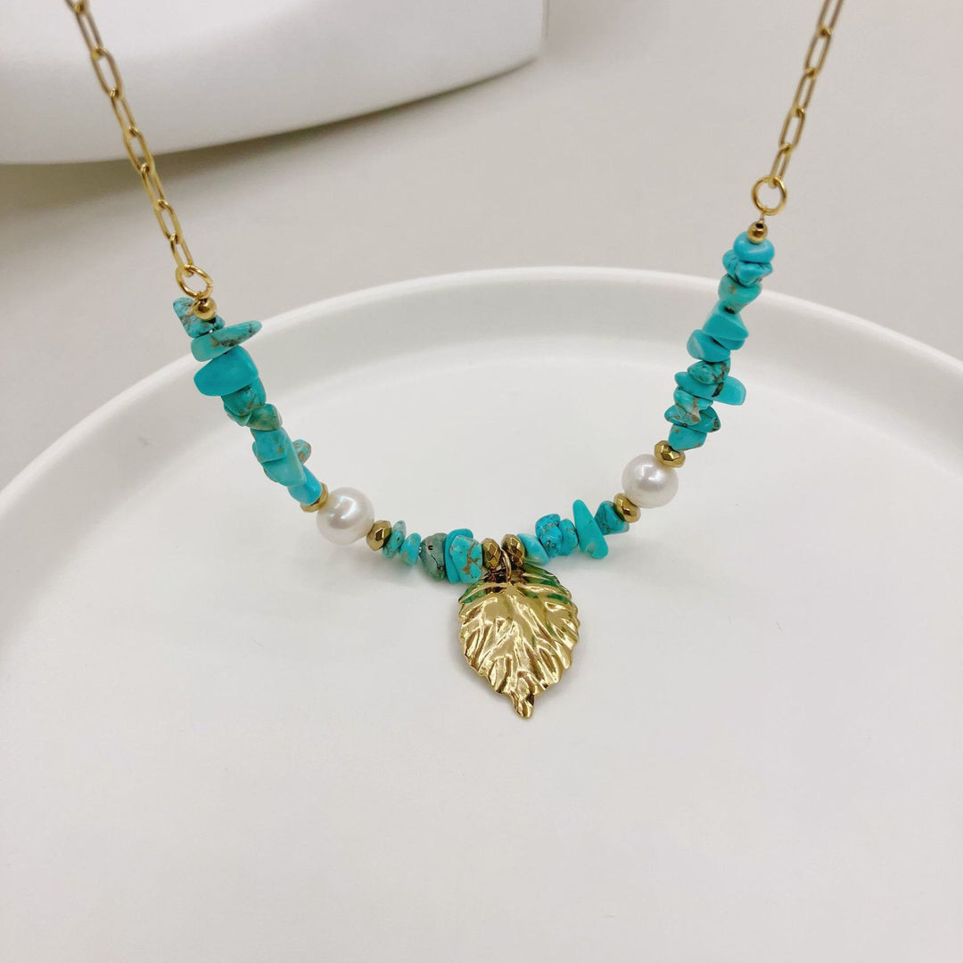 Olivenorma Natural Irregular Turquoise Leaves Pendant Necklace - Turquoise&Pearl - image 0