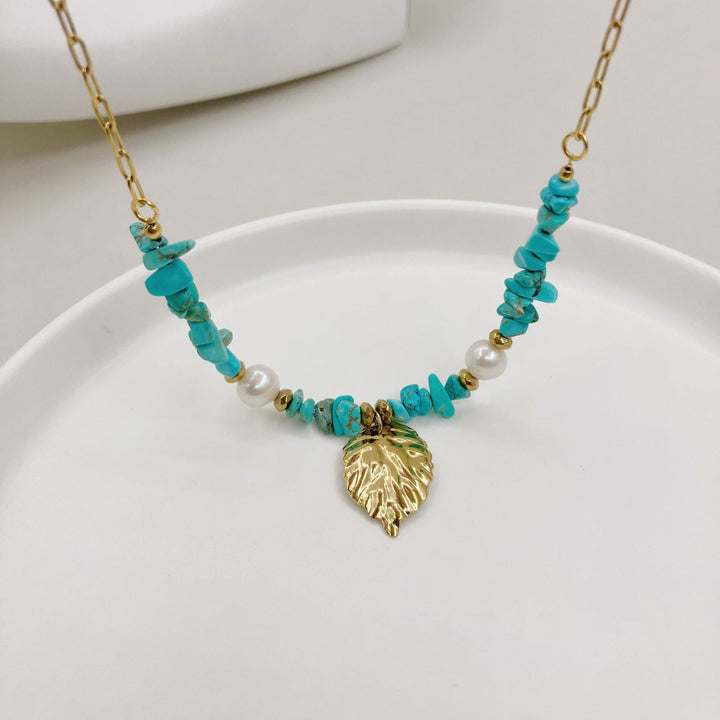 Olivenorma Natural Irregular Turquoise Leaves Pendant Necklace - Turquoise&Pearl - image 0