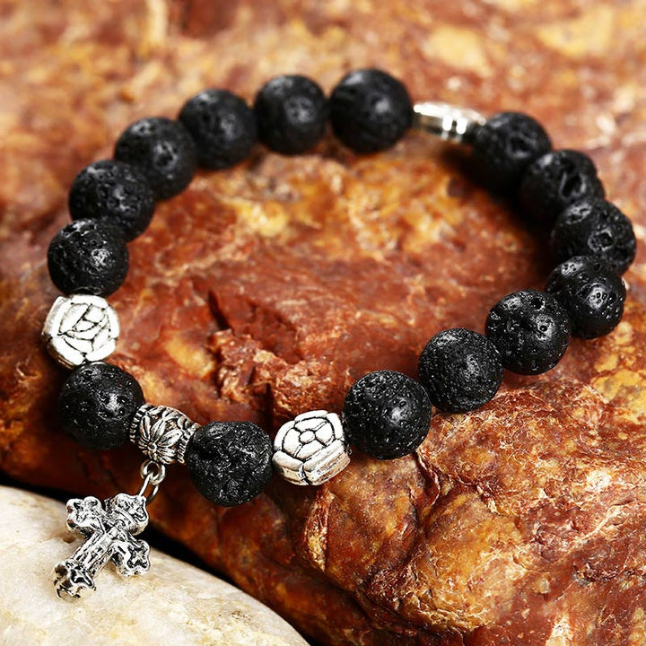 Natural Stone Cross Symbol Bracelet - Lava Stone - image 0