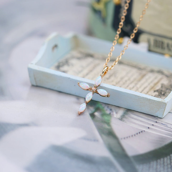 Olivenorma Artificial Opal Moonstone Cross Pendant Necklace - Opal - image 0