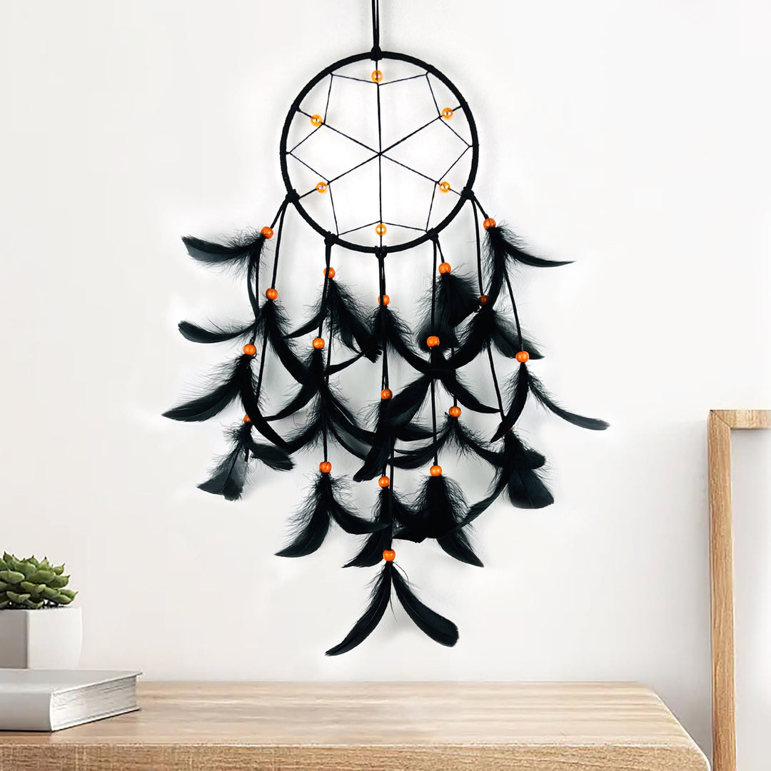 Olivenorma Black Feather Orange Beads Halloween Dream Catcher - Black Feather Without Lights - image 0