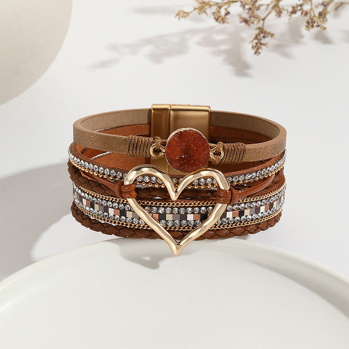 Olivenorma Multicolor Crystal Cluster Metallic Heart Braided Leather Bracelet - Brown - image 12
