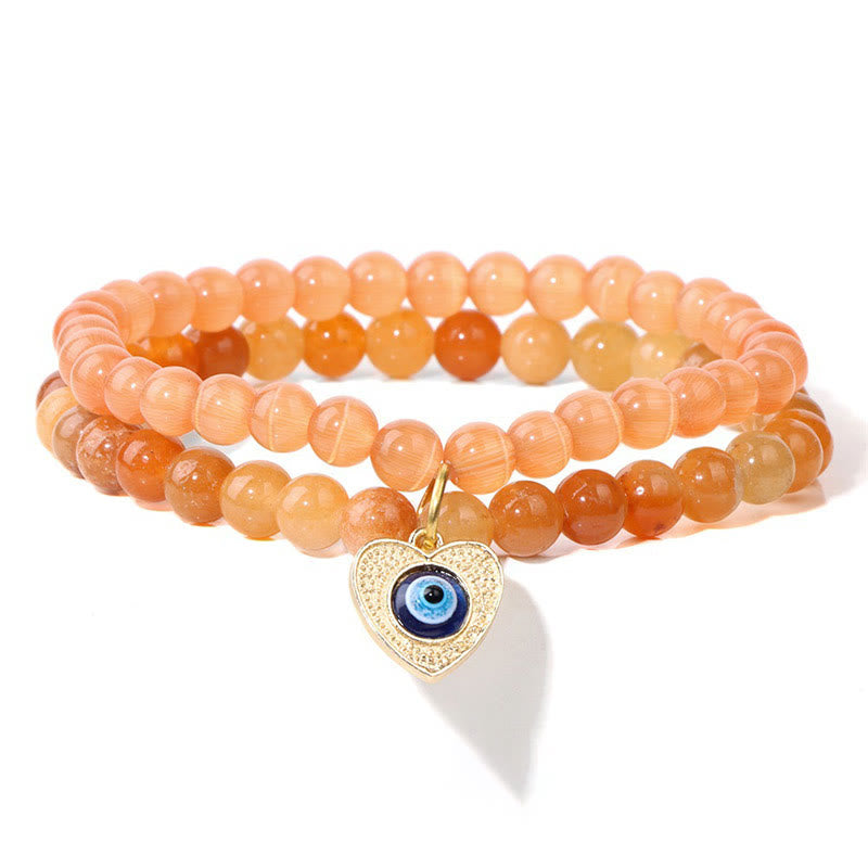 Olivenorma Cat's Eye Stone Evil Eye Pendant Double Layer Bracelet - Orange Color - image 5