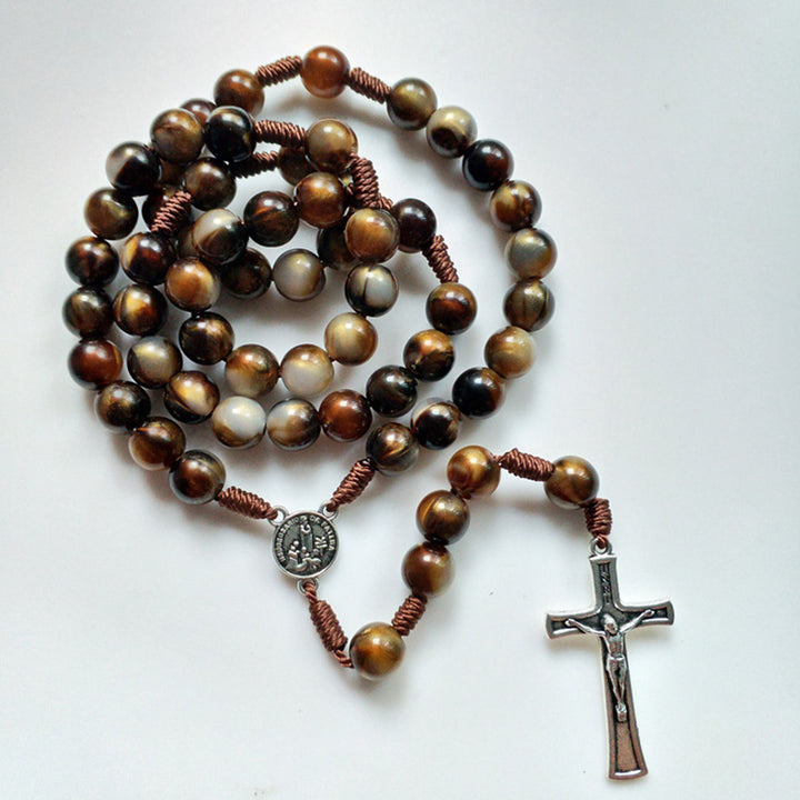 Olivenorma 10mm Agate Beads Jesus Cross Pendant Rosary Necklace - image 3