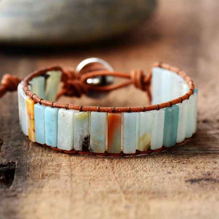 Olivenorma Natural Stone Square Leather String Wrap Bracelet - Amazonite - image 4