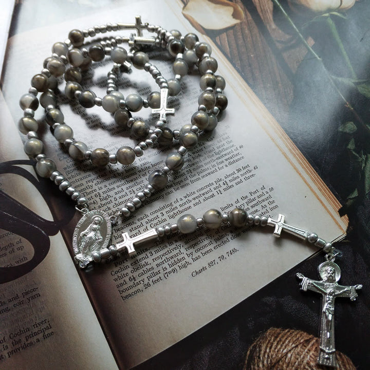 Olivenorma Gray Acrylic Ball Beaded Cross Rosary Necklace - image 3