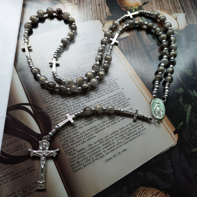 Olivenorma Gray Acrylic Ball Beaded Cross Rosary Necklace - image 2