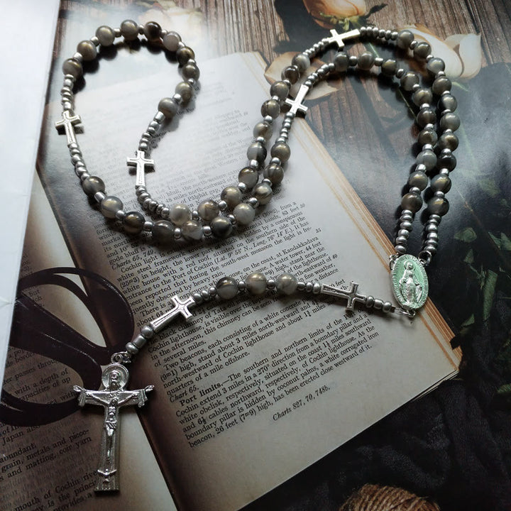 Olivenorma Gray Acrylic Ball Beaded Cross Rosary Necklace - image 2