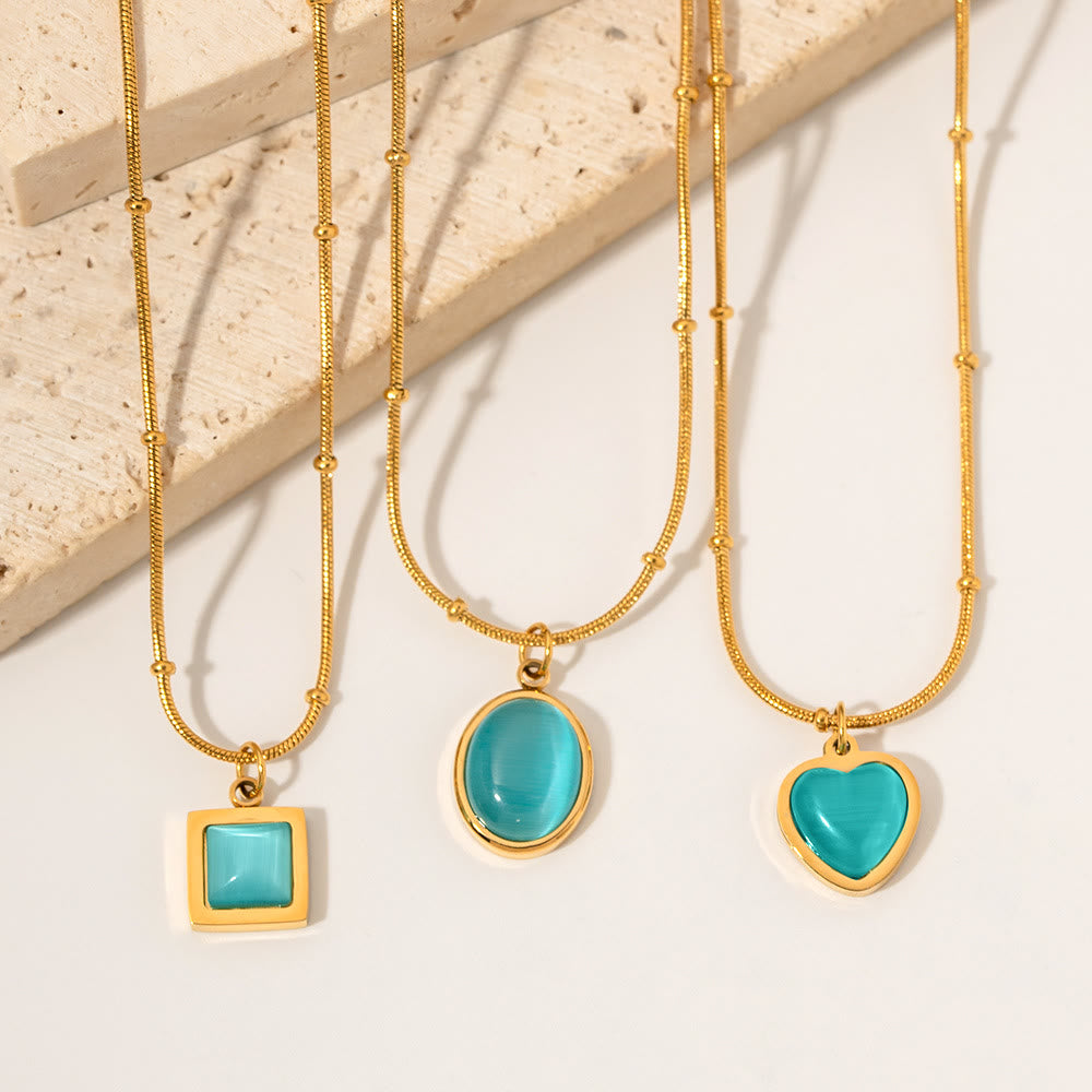 Olivenorma Blue Cat's Eye Stone Heart Square Pendant Necklace - image 11