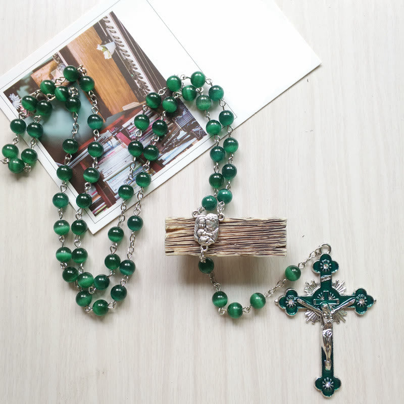 Olivenorma Green Cat's Eye Stone Cross Rosary Necklace - image 4