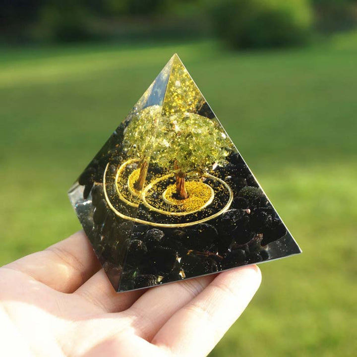 Olivenorma Peridot With Obsidian Tree Of Life Reiki Orgone Pyramid - image 2