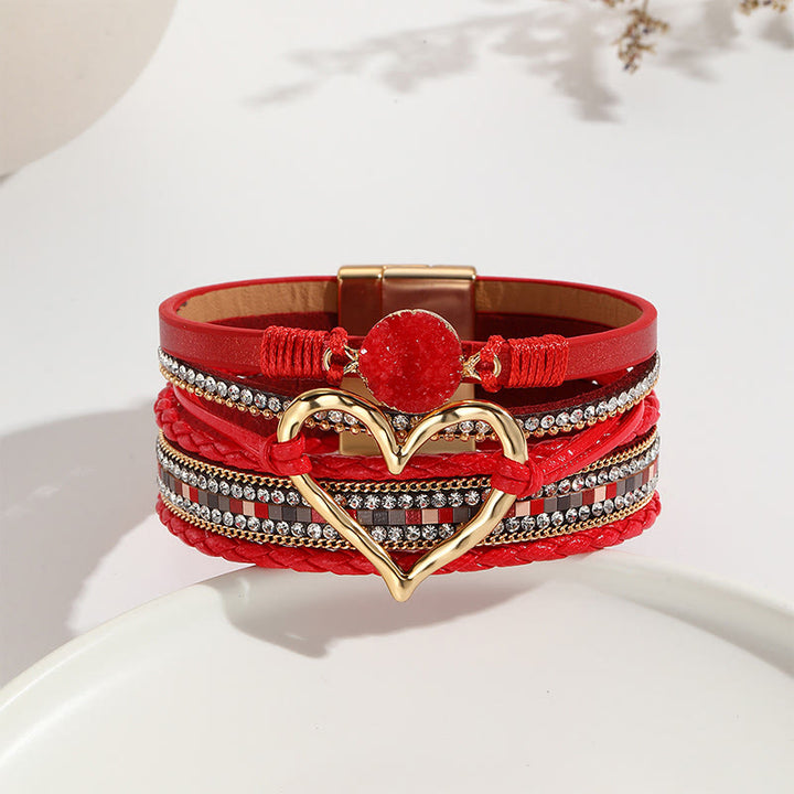 Olivenorma Multicolor Crystal Cluster Metallic Heart Braided Leather Bracelet - Red - image 10