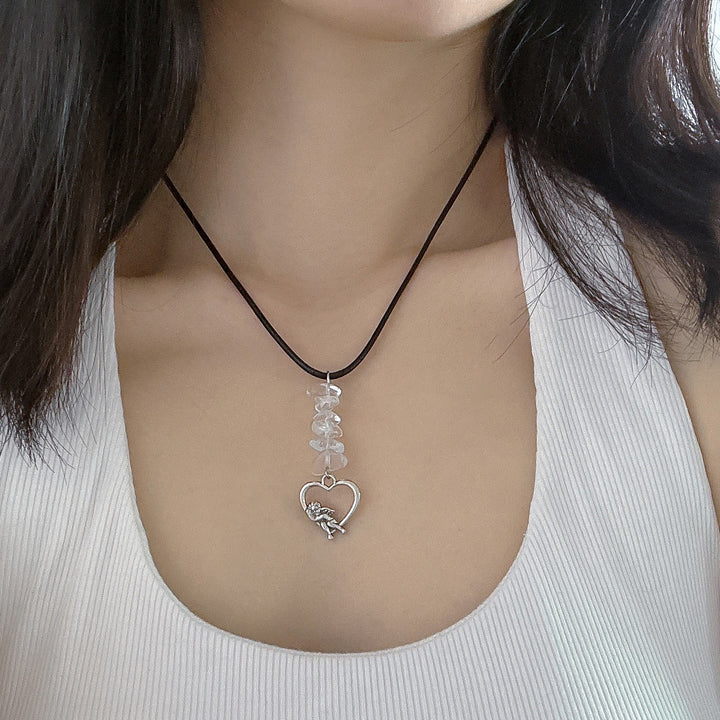 Olivenorma Natural Stone Butterfly Tassel Leather Wax Thread Necklace - Clear Crystal - image 12