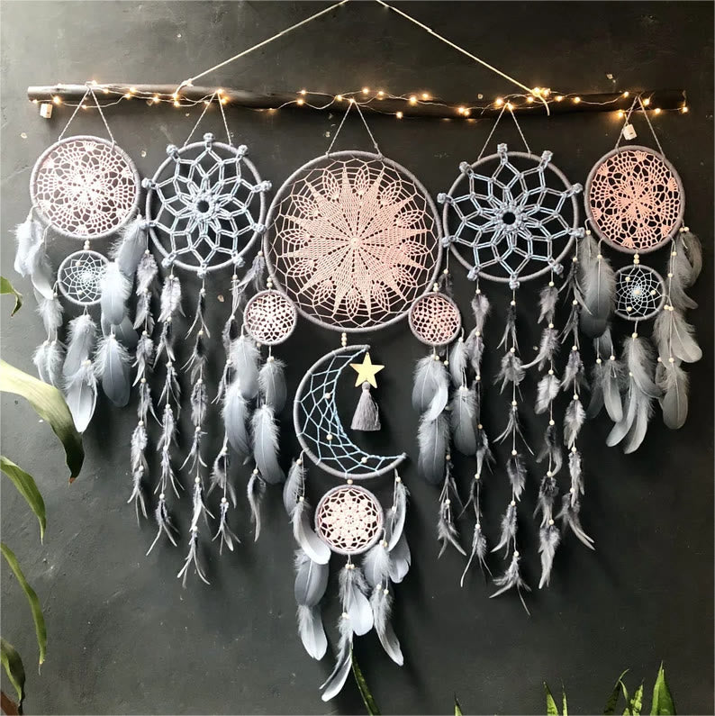 Olivenorma Set Of 5 Feather Moon And Stars Dream Catcher - Gray Pink - image 5