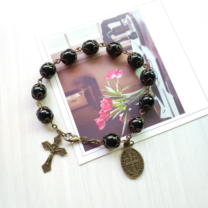 Olivenorma Obsidian Holy Medal Cross Pendant Rosary Bracelet - Obsidian&Cross - image 0