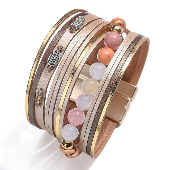 Olivenorma Natural Crystal Beaded Leather Multi-layer Bracelet - image 2